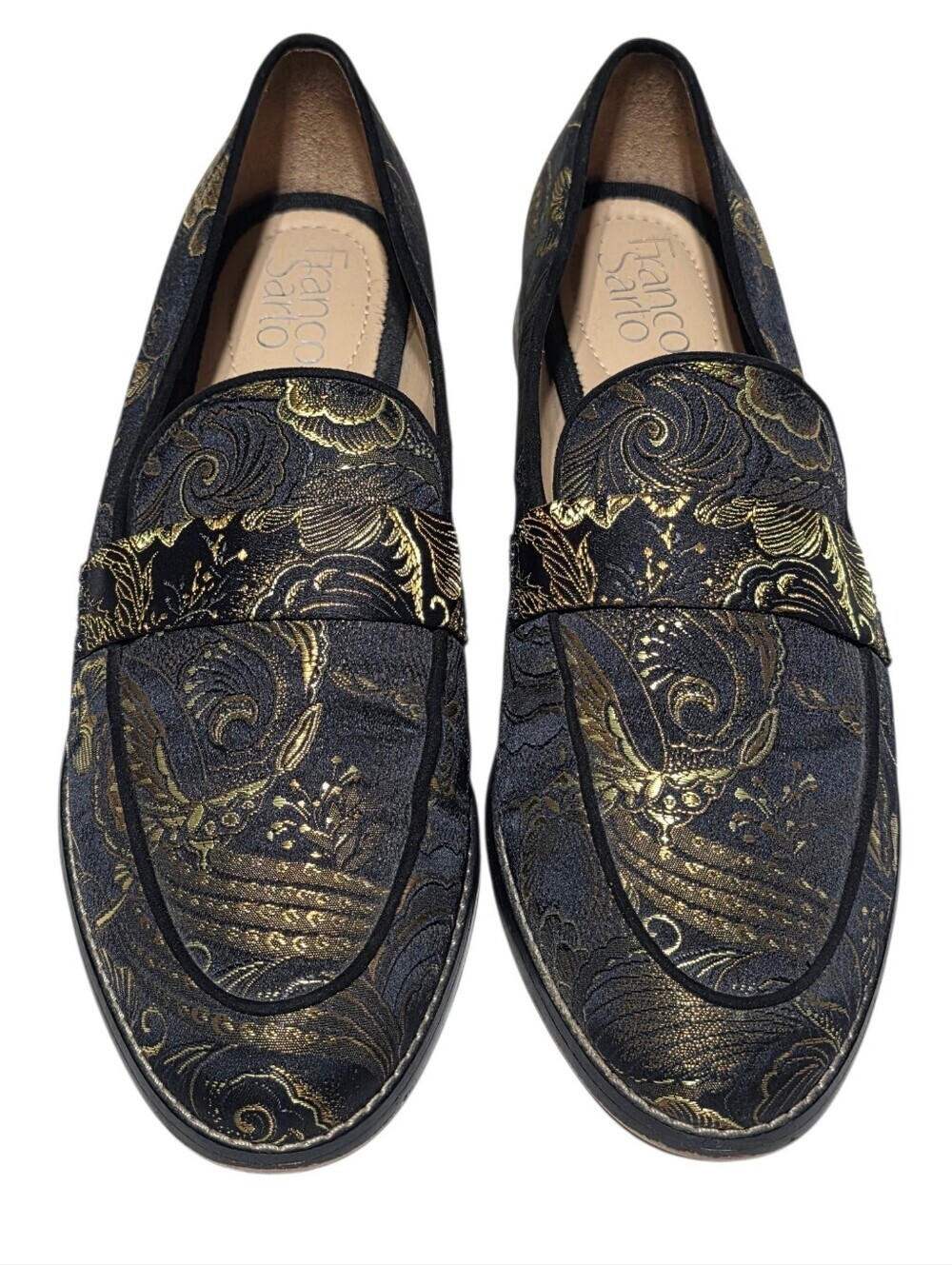 EUC FRANCO SARTO HURLEY TAPESTRY LOAFERS BLACK & GOLD BROCADE SLIP-ON FLATS SZ9 - Picture 2 of 12